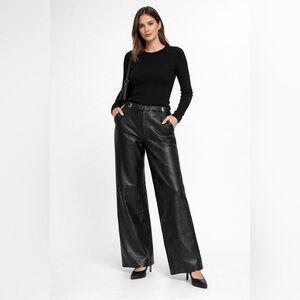 Costume National Black Leather Wide Leg Minimalist 90s Designer Pants Size 50